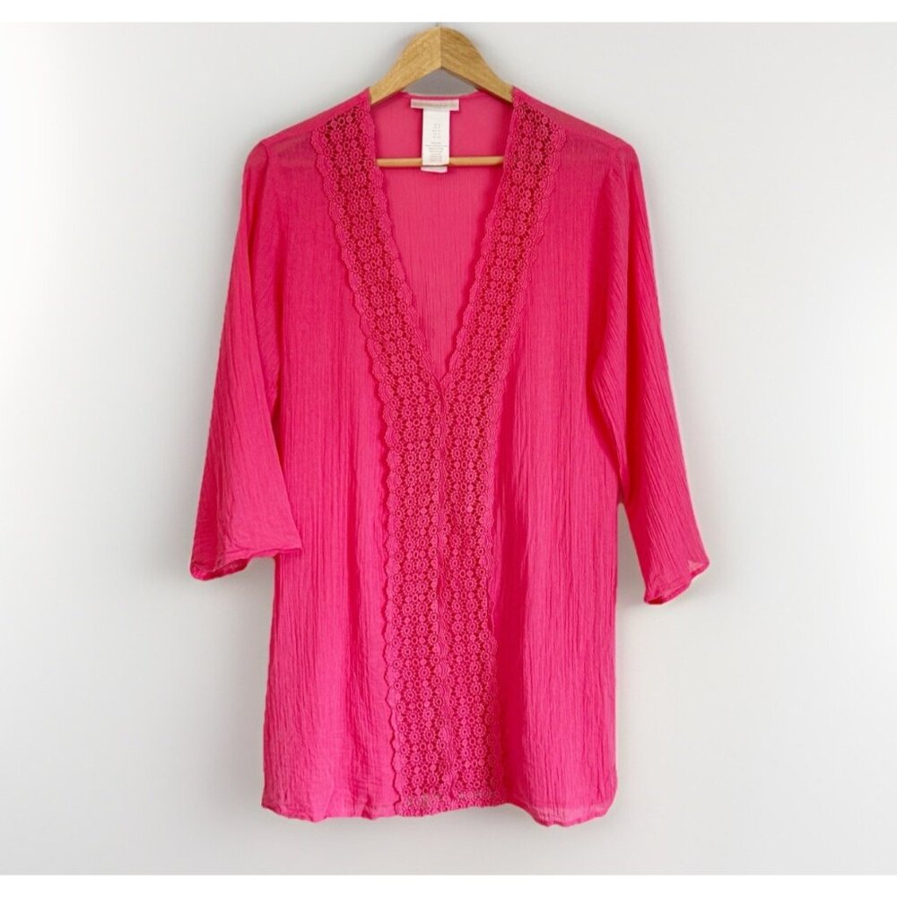 La Blanca Hot Pink Crochet Tunic Top Size Small V-Neck Resort Beach Vacation